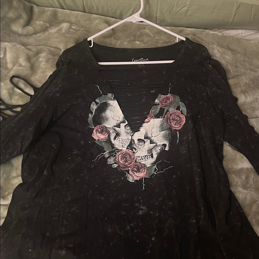 Lovesick Black Long Sleeve Top with Skull and Pink Rose Graphic
